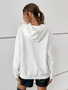 SHEIN Essnce Heart Embroidery Kangaroo Pocket Drop Shoulder Drawstring Hoodie - White - View 2