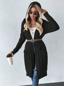 SHEIN Essnce 雙口袋落肩袖連帽開襟開衫 - 黑色 - 查看 4