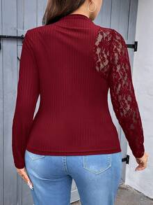 SHEIN Privé Plus Contrast Lace Mock Neck Tee - Burgundy - View 2