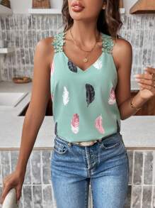 SHEIN Frenchy Top tank con estampado de pluma aplique con encaje - Verde - Ver 6