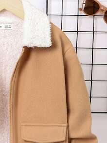SHEIN Cậu bé Tween Cổ áo Borg Túi có nắp Lót Teddy Dây kéo mặt trước Áo khoác - Màu Khaki - Xem 5