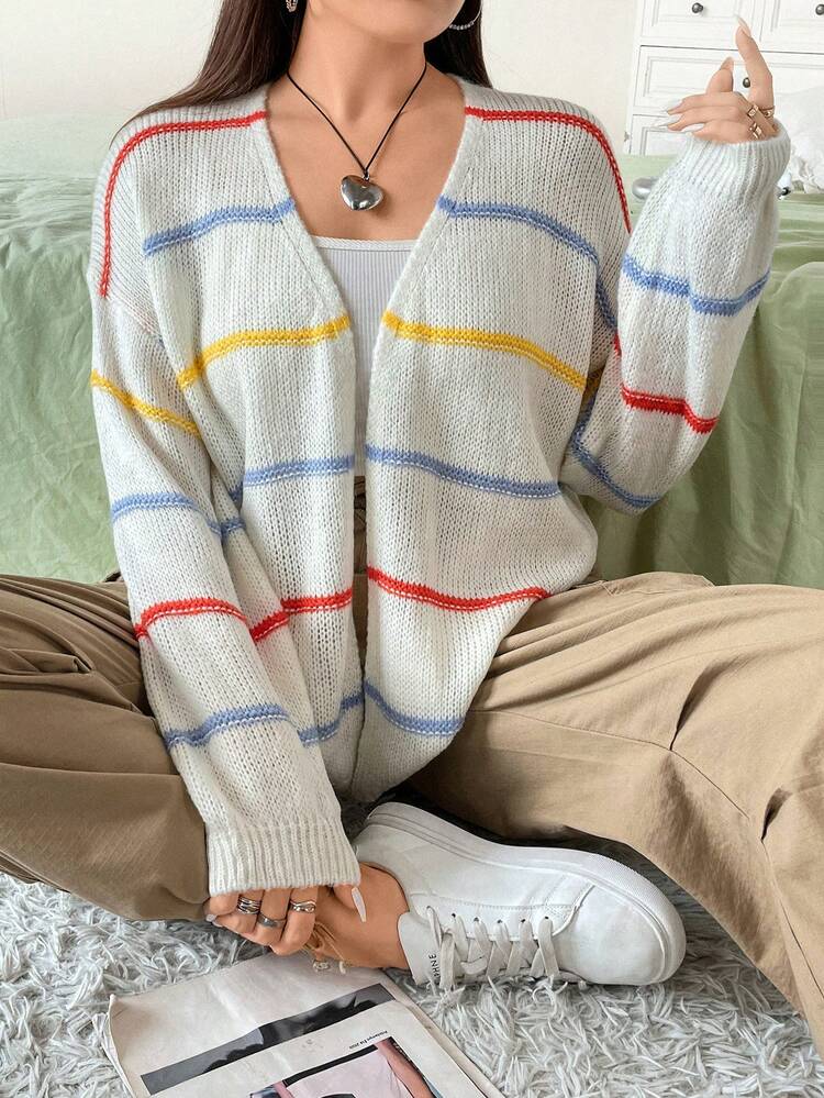 Plus Striped Pattern Drop Shoulder Duster Cardigan