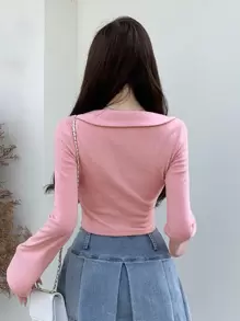 DAZY 纯色短款长袖女式上衣，秋季女装 - 粉色 - 查看 3