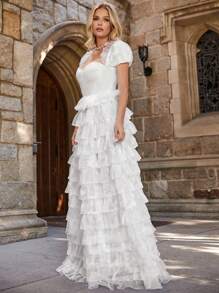 Puff Sleeve Layer Mesh Hem Wedding Dress - White - View 3