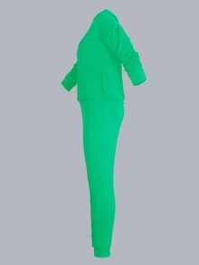 女士休闲圆领长袖衬衫（带口袋）和休闲裤（带口袋）两件套，适合户外活动和秋季穿着。 - 綠色 - 查看 5