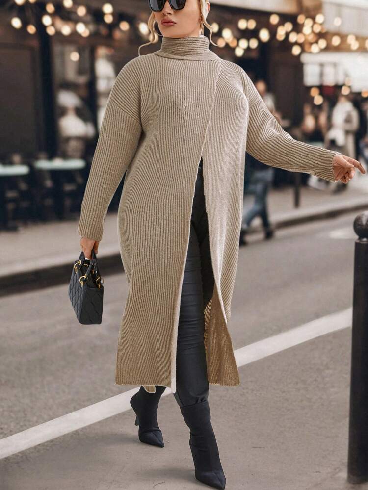 Plus Turtleneck Drop Shoulder Wrap Hem Sweater Knit Pullover Fall Winter Sweater