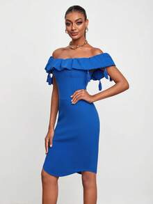 Ashanti Andrews Off Shoulder Tua Viền Ruffle Váy bodycon - Màu xanh lam - Xem 5