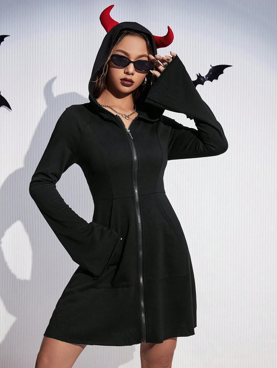 SHEIN EZwear Flounce Sleeve Zip Up Hooded Dress - Black - View 1