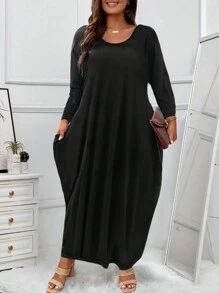 Plus Solid Hidden Pocket Maxi Tee Dress - Black - View 1