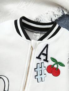 SHEIN Young Girl Letter & Cherry Print Striped Trim Contrast Sequin Zip Up Varsity Jacket - Multicolor - View 3
