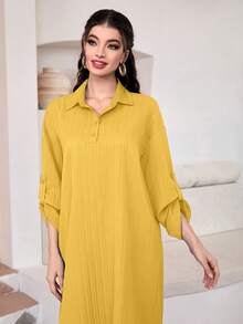 Mulvari Solid Roll Up Sleeve Shirt Dress - Yellow - View 3