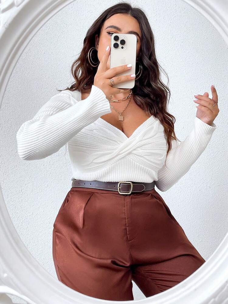 Plus Twist Front Sweetheart Neck Ribbed Knit Tee Knit Pullover Fall Winter Sweater