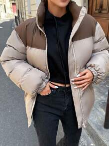 DAZY Áo khoác phao hai tông màu có khóa kéo, túi dày, quần áo mùa đông cho nữ, áo khoác mùa đông cho nữ - Màu Khaki - Xem 3
