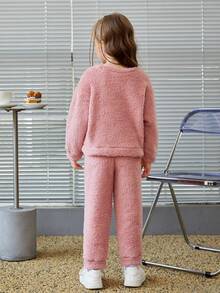 SHEIN Young Girl Heart Embroidery Drop Shoulder Teddy Sweatshirt & Pants - Dusty Pink - View 2