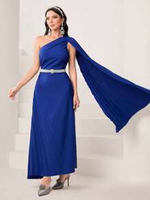 Modelyn One Shoulder Pleated Cloak Sleeve Pleated Detail Dress Without Belt - Blue - View 5