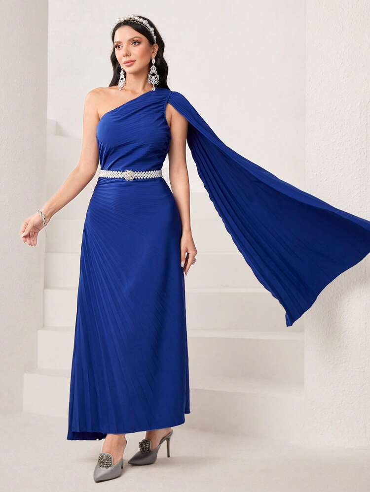 One Shoulder Pleated Cloak Sleeve Pleated Detail Dress Without Belt