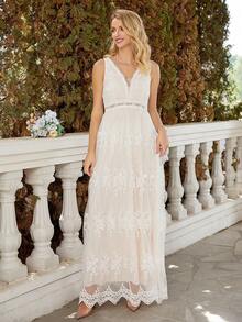 Floral Embroidery Mesh Overlay Maxi Wedding Dress - Apricot - View 3