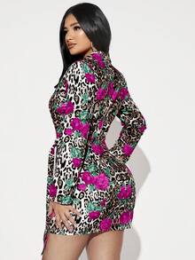 SHEIN SXY 豹紋和花卉印花垂褶側褶皺修身洋裝 - 彩色 - 查看 2