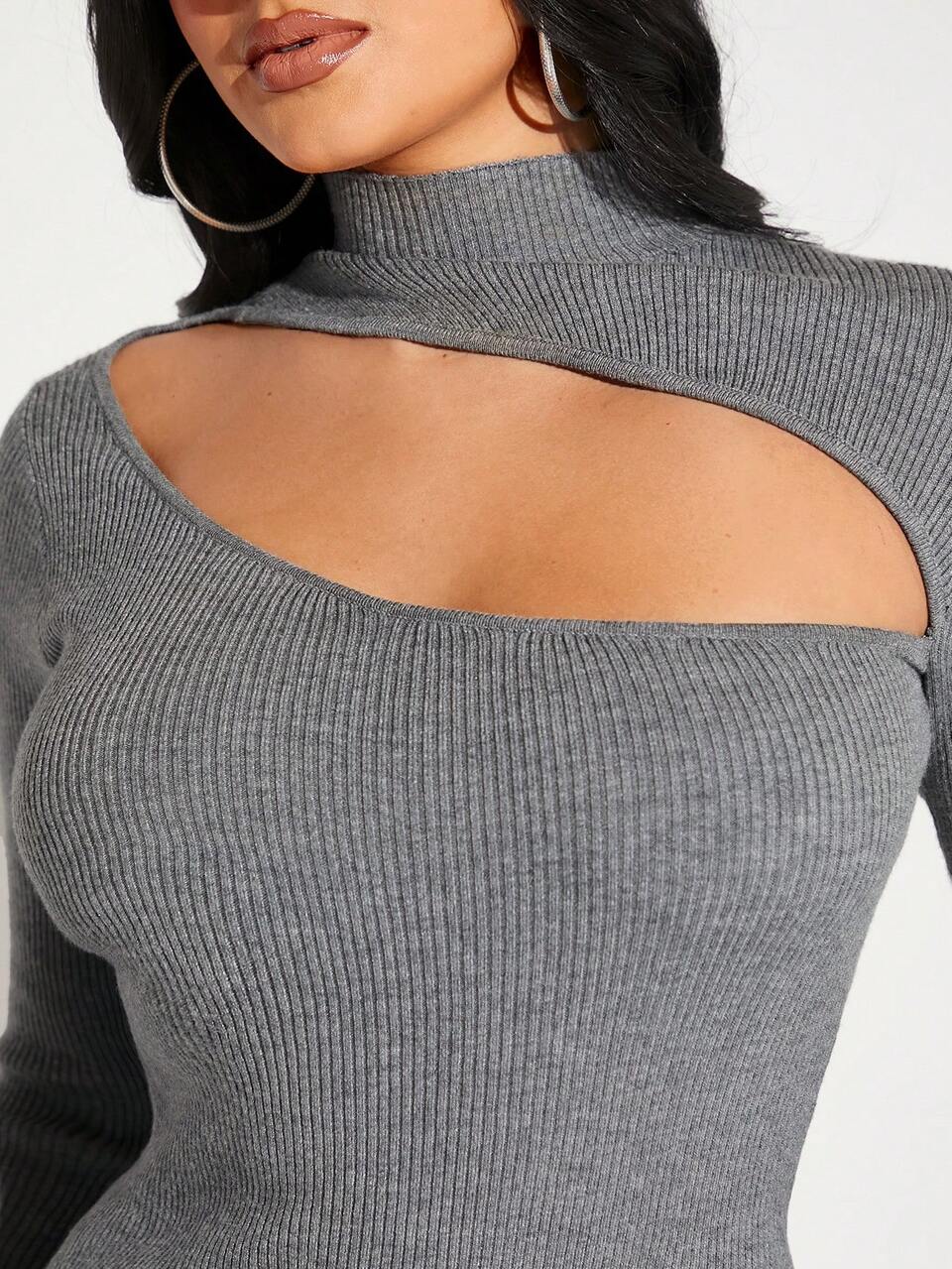 Mock Neck Cut Out Front Bodycon Sweater Dress