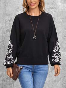 Jersey con patrón floral de hombros caídos - Negro - Ver 1