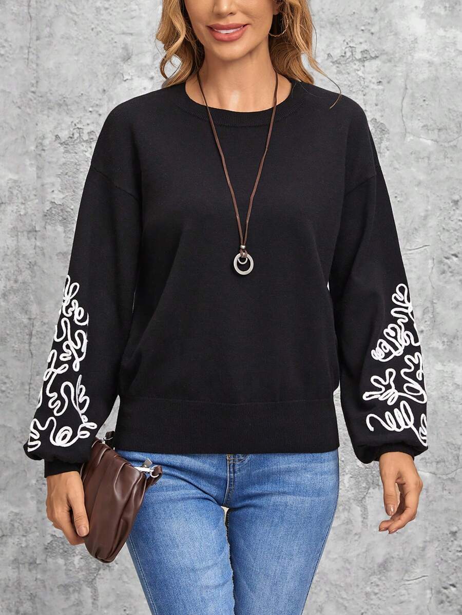 Jersey con patrón floral de hombros caídos - Negro - Ver 1