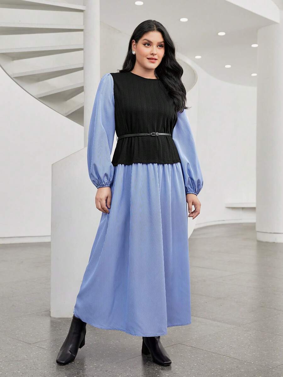 Mulvari 大碼條紋印花燈籠袖洋裝不附腰帶 - 彩色 - 查看 1