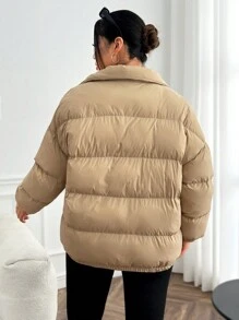 SHEIN EZwear Áo khoác đệm cỡ lớn có in chữ - Màu be - Xem 2