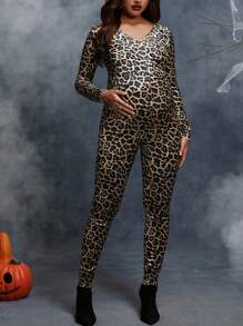 SHEIN Maternity Halloween Leopard Print Unitard Jumpsuit - Apricot - View 5