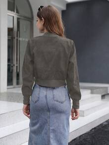 Mulvari 純色拉鍊短款飛行員夾克 - 軍綠色 - 查看 2