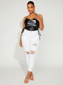 SHEIN SXY Plus Draped Collar Drawstring Side Tie Backless PU Leather Halter Top - Black - View 3