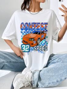 SHEIN EZwear Camiseta con hombros caídos y estampado de letra y coche - Blanco - Ver 1