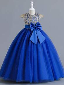 Vestido de princesa elegante con lazo para niñas, adecuado para fiestas y ocasiones formales (consulte la tabla de tallas en los detalles del producto para seleccionar el tamaño apropiado)