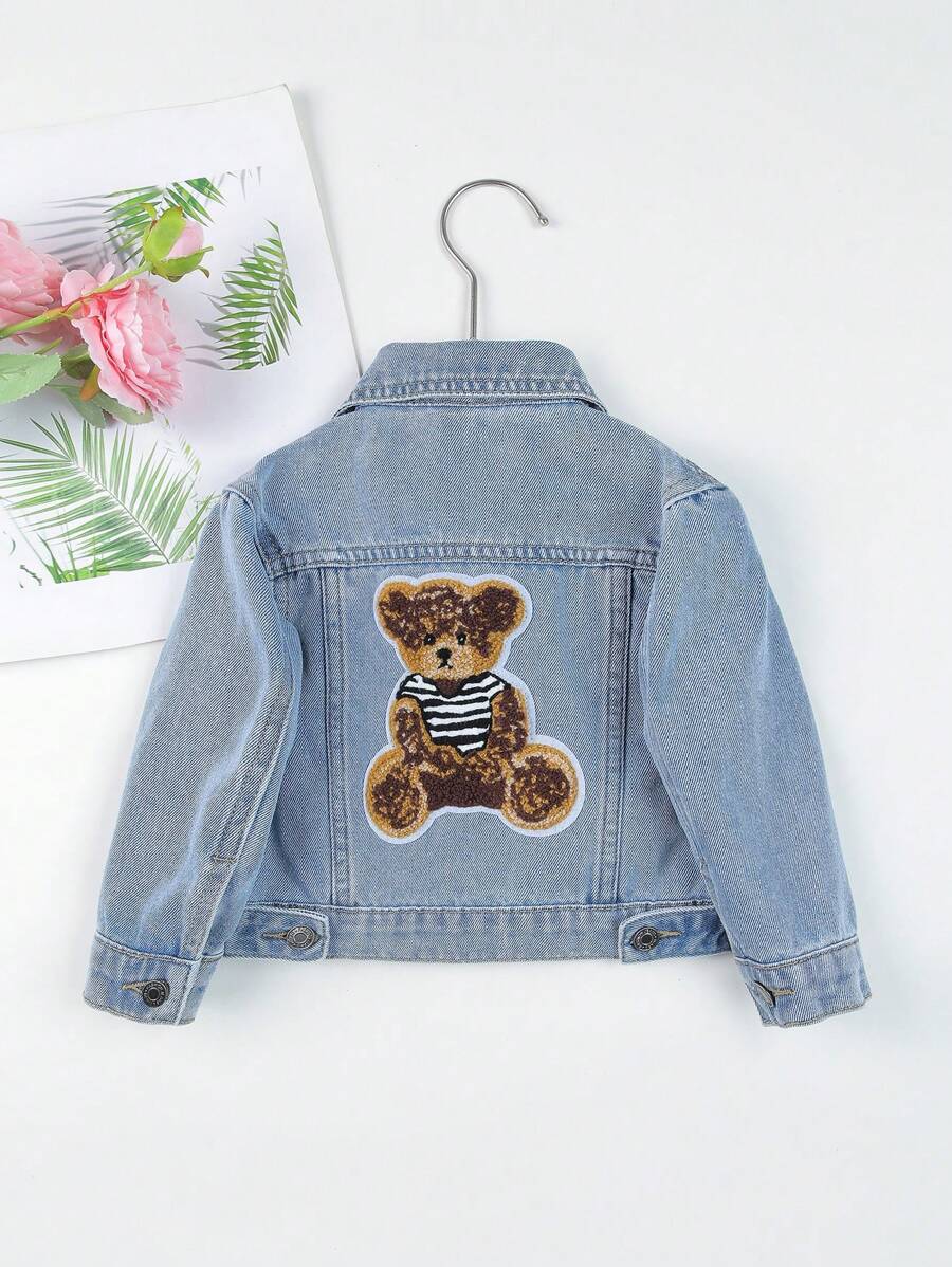 Baby Boy Bear Patched Detail Denim Jacket - Medium Wash - View 1