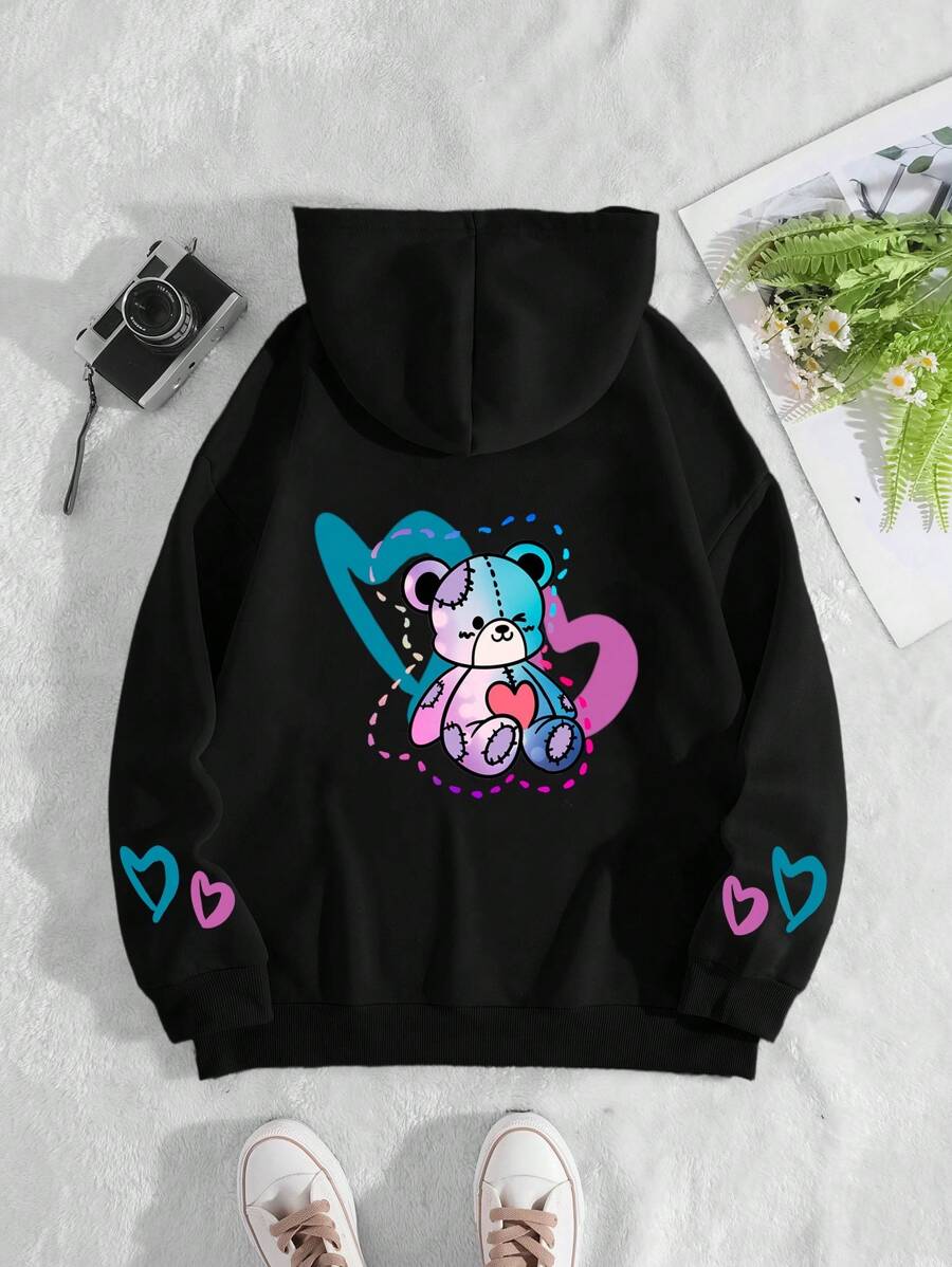 SHEIN EZwear Áo hoodie lót nhiệt có dây rút hình trái tim & hoạt hình Kangaroo - màu đen - Xem 1