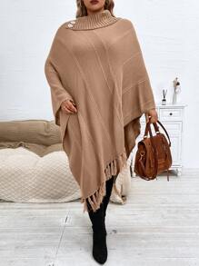 Calvaya 大碼高領蝙蝠袖流蘇邊針織斗篷 - 駝色 - 查看 6