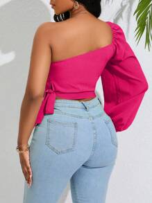 BamGleam One Shoulder Lantern Sleeve Knot Side Crop Blouse,Long Sleeve Tops Fall Cloth For Women - Hot Pink - View 2