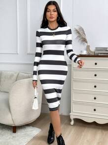 SHEIN Essnce Striped Print Bodycon Dress - Black and White - View 5