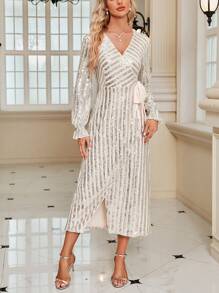 SHEIN Clasi Flounce Sleeve Knot Side Wrap Hem Sequin Dress - Apricot - View 1