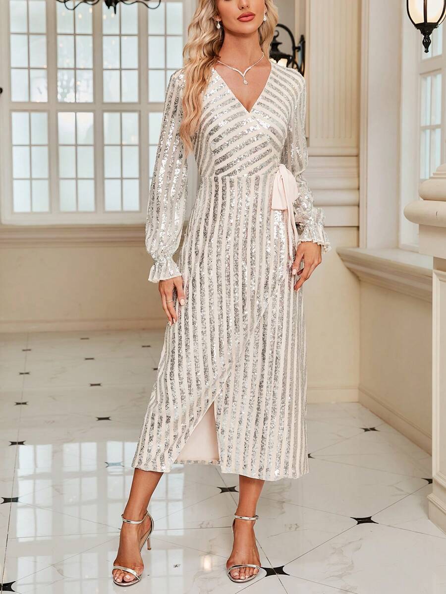 SHEIN Clasi Flounce Sleeve Knot Side Wrap Hem Sequin Dress - Apricot - View 1