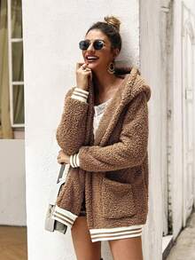 SHEIN LUNE Striped Trim Dual Pocket Hooded Teddy Jacket - Khaki - View 5