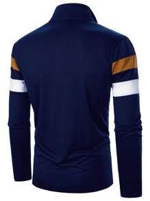 Manfinity Homme Men Color Block Quarter Zip Collar Work Casual Polo Shirt For Husband, For Fall, Long Sleeve Top - Multicolor - View 2