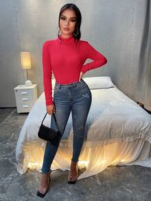 SHEIN SXY Body unicolor de cuello alto tejido de canalé - Rojo - Ver 4