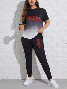 Flirla Plus Letter Graphic Áo phông & quần legging ombre - Đen và trắng - Xem 1