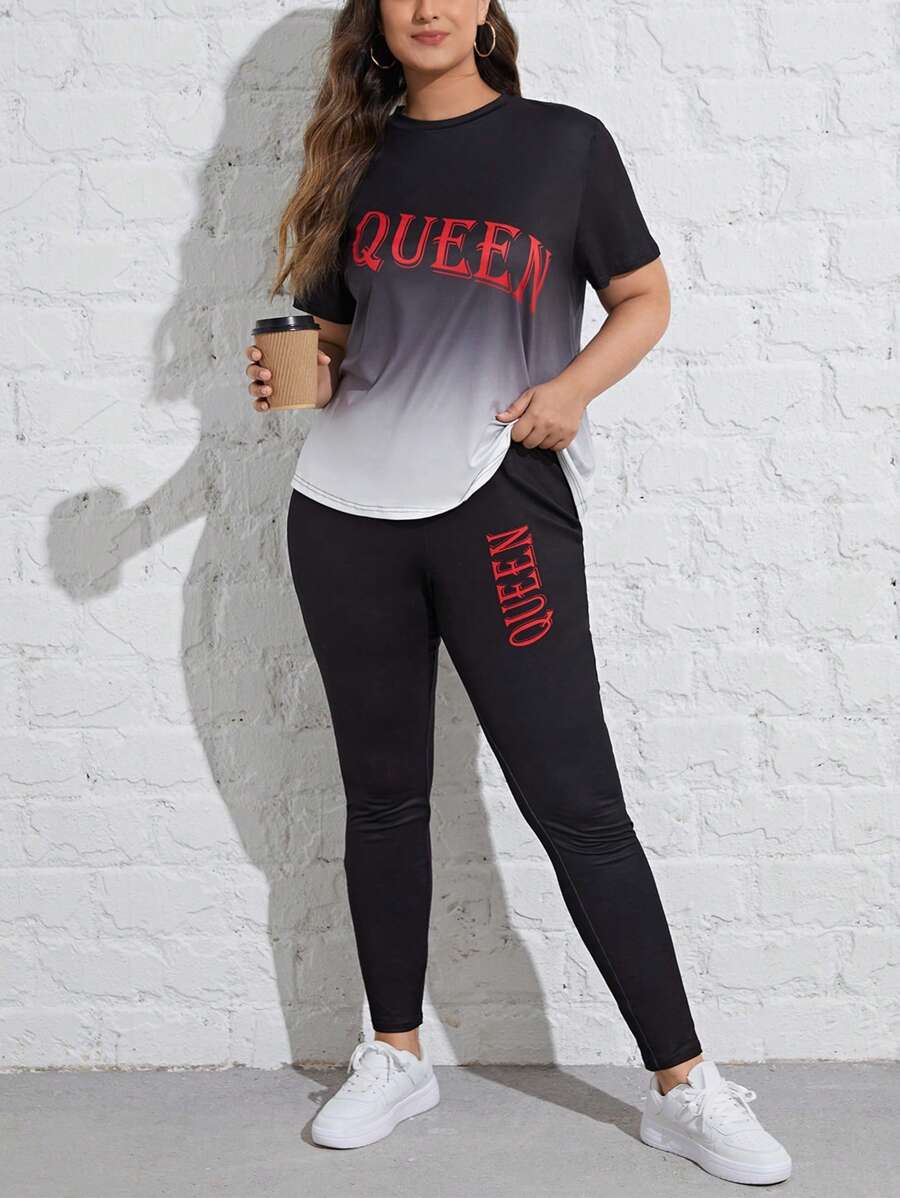 Flirla Plus Letter Graphic Áo phông & quần legging ombre - Đen và trắng - Xem 1