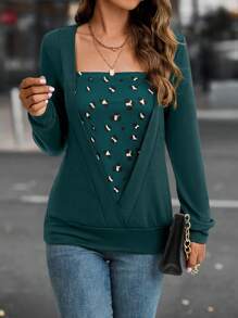 SHEIN LUNE 豹紋印花方領運動衫 - 墨綠色 - 查看 6