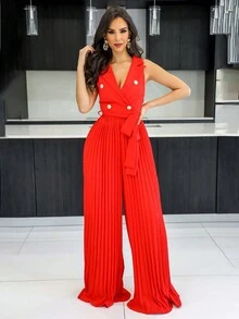 Button Front Pleated Hem Belted Pleated Wide Leg Jumpsuit - Red - View 4