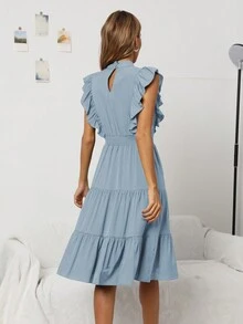 HOMEYEE Cổ giả Viền Ruffle Đầm - Màu xanh lam - Xem 2