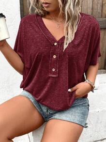 SHEIN LUNE Plus Button Front Batwing Sleeve Tee - Burgundy - View 5