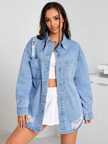 SHEIN EZwear 破洞落肩牛仔襯衫 - 淺色水洗藍 - 查看 3