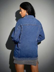 SHEIN BAE Flap Pocket Studded Hem Denim Jacket - Blue - View 2